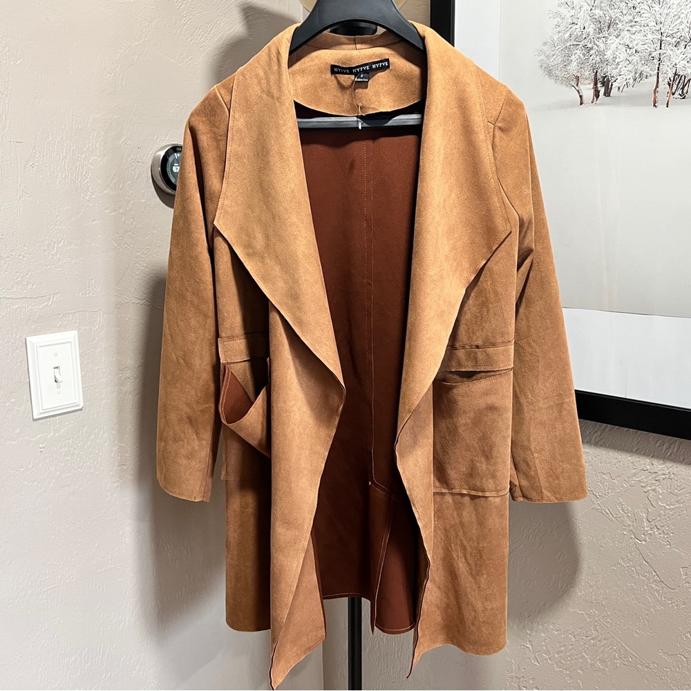 HYFVE Faux Suede Draped Open Front Jacket – Camel – Size Small